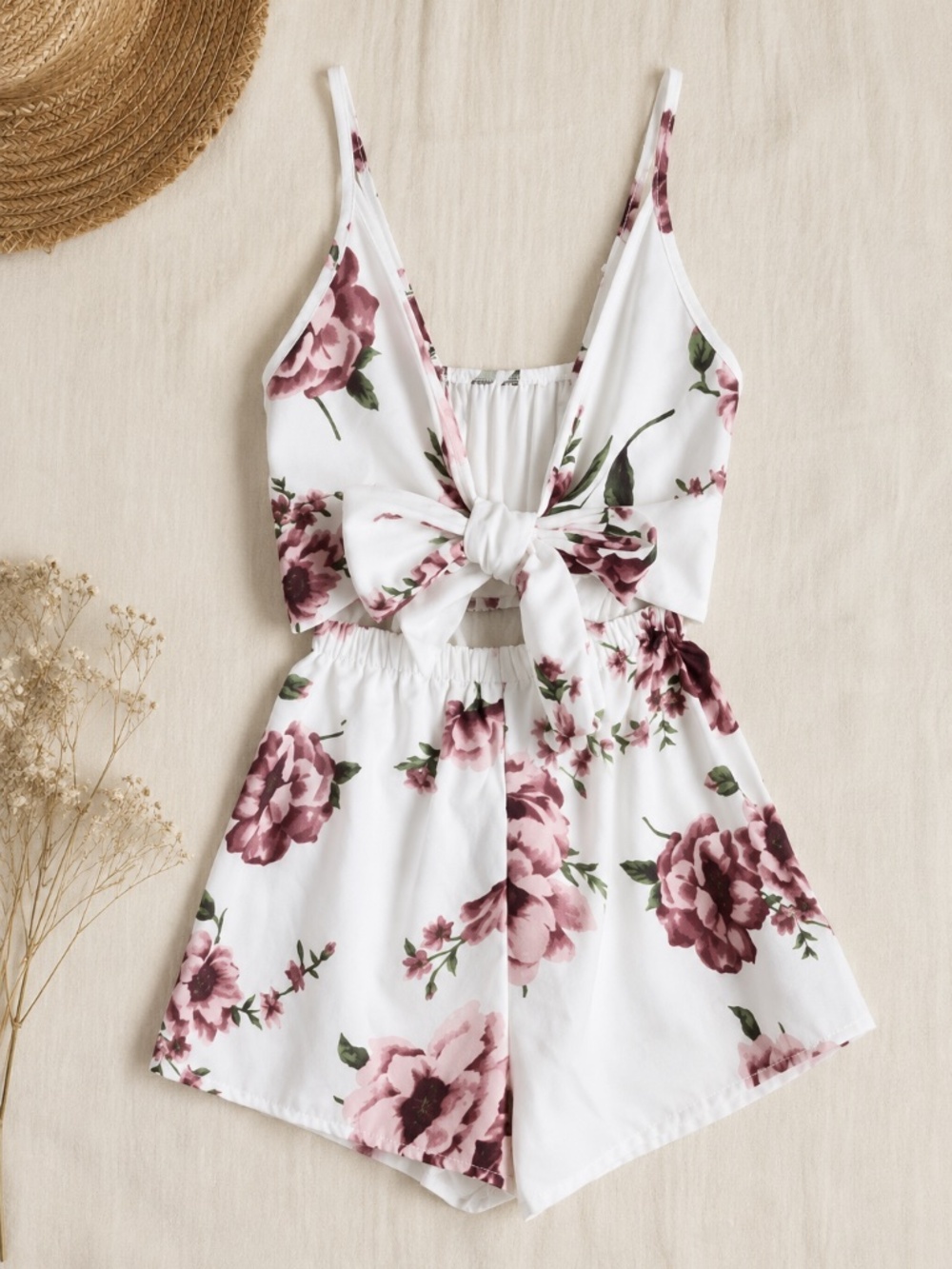 Zaful White Floral Cutout Tie Front Romper | Size S